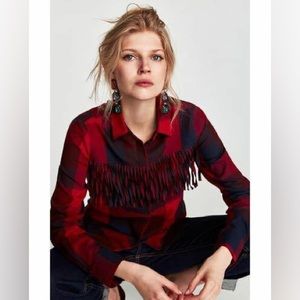 Zara | Red Plaid Button Down Shirt with Fringe